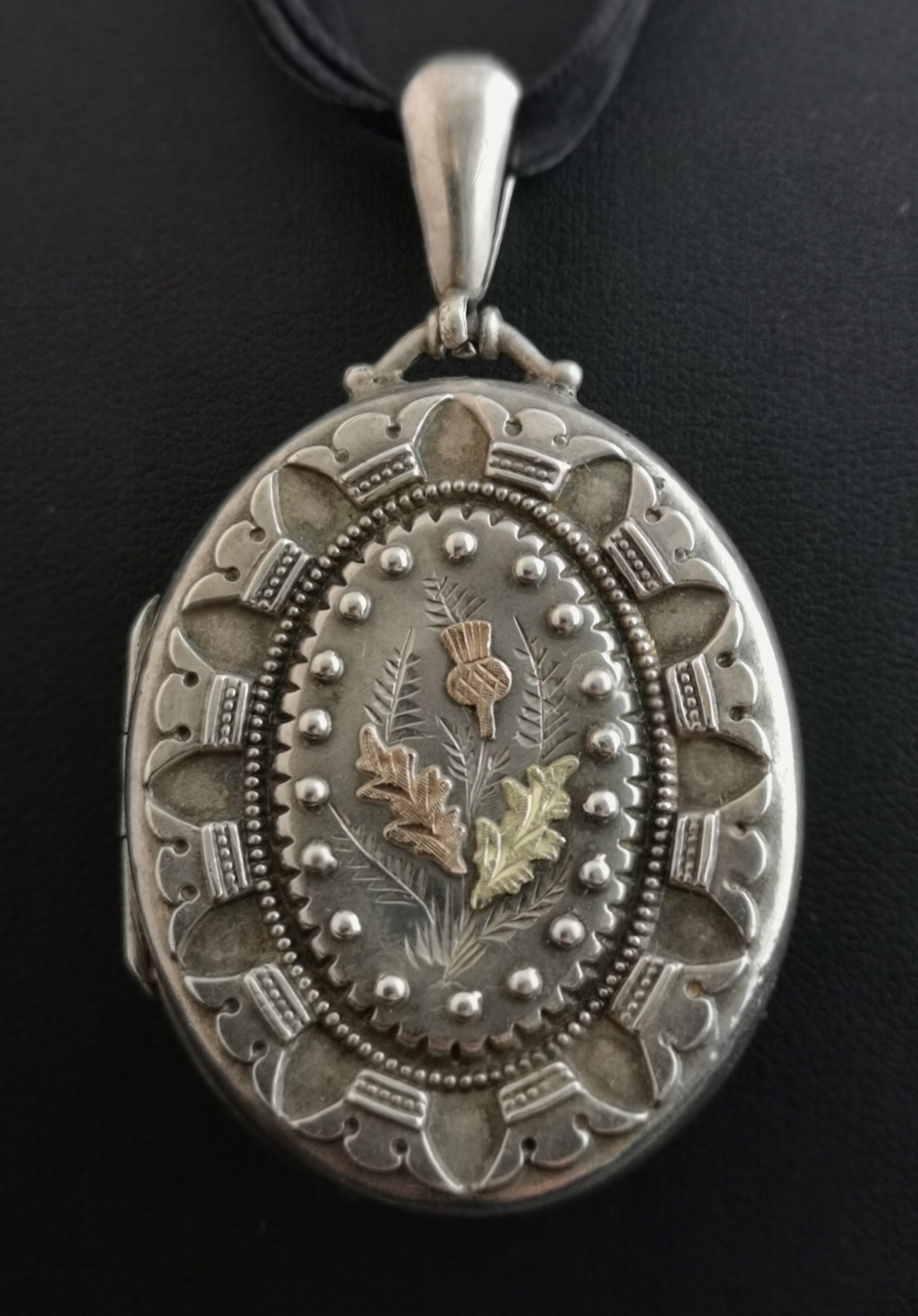Victorian silver locket, rose gold thistle, aesthetic