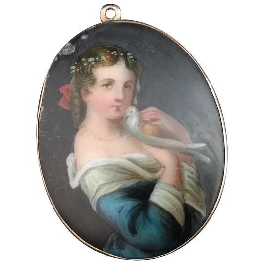 Antique gold portrait brooch, maiden and dove, Pendant