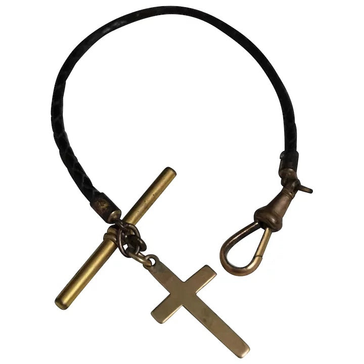Antique leather Albert chain, watch chain, gold crucifix