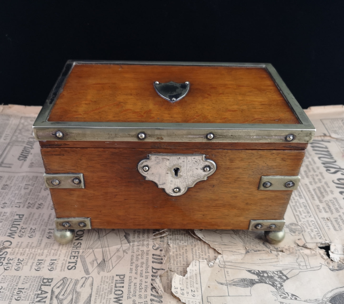 Antique oak and silver plated jewellery box