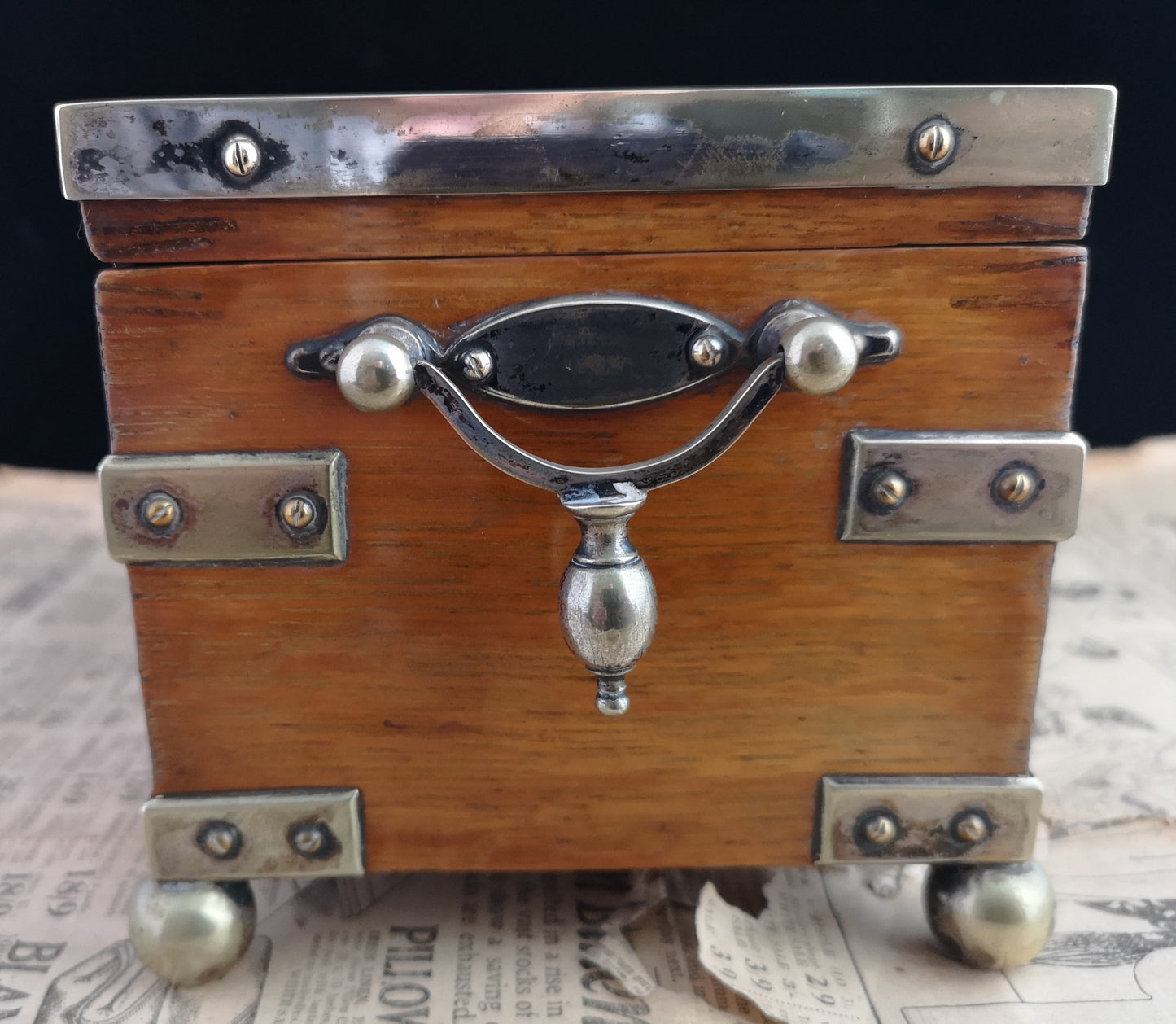 Antique oak and silver plated jewellery box