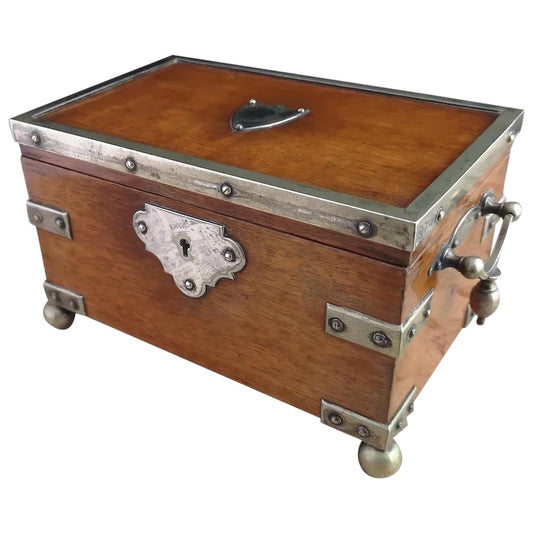 Antique oak and silver plated jewellery box