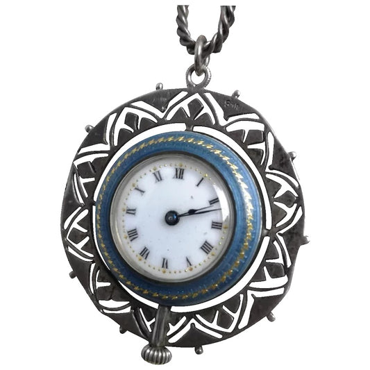 Antique sterling silver and guilloche enamel fob watch, marcasite pendant and silver chain