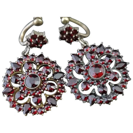 Antique Victorian bohemian garnet earrings, forget me not, dangly earrings
