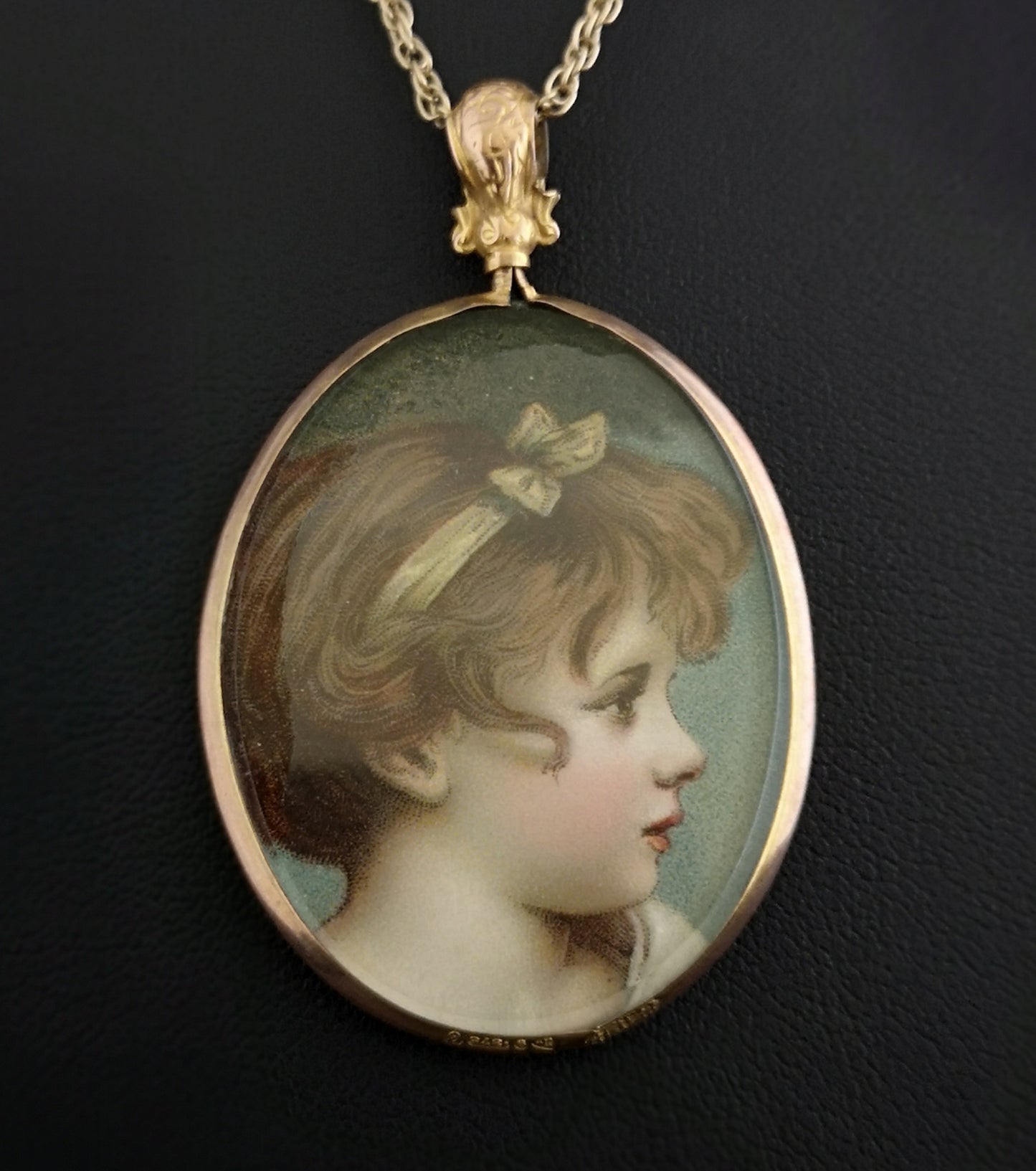 Antique gold portrait pendant and chain, child portrait