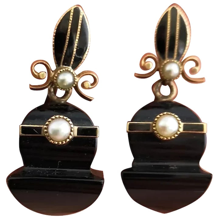 Victorian Onyx, Pearl and Gold earrings, mourning