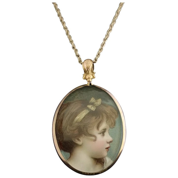 Antique gold portrait pendant and chain, child portrait