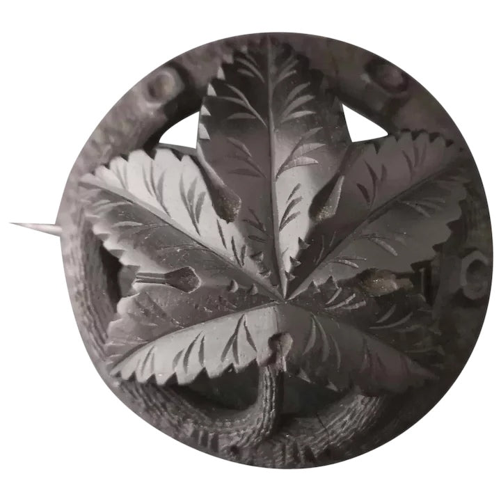 Antique jet maple leaf brooch