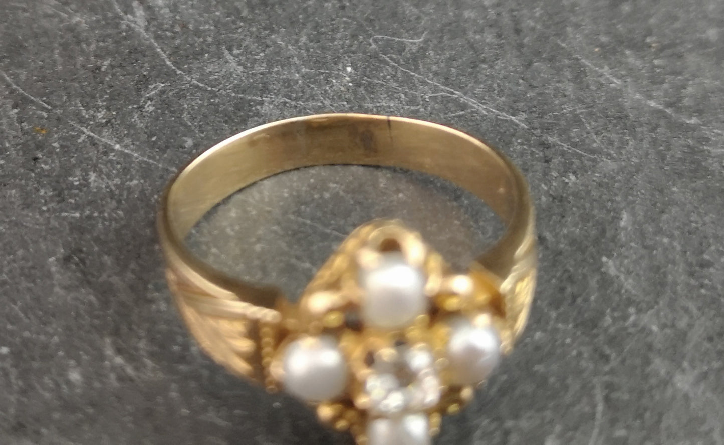 Sold on layaway - Victorian diamond and pearl navette ring, 15ct gold