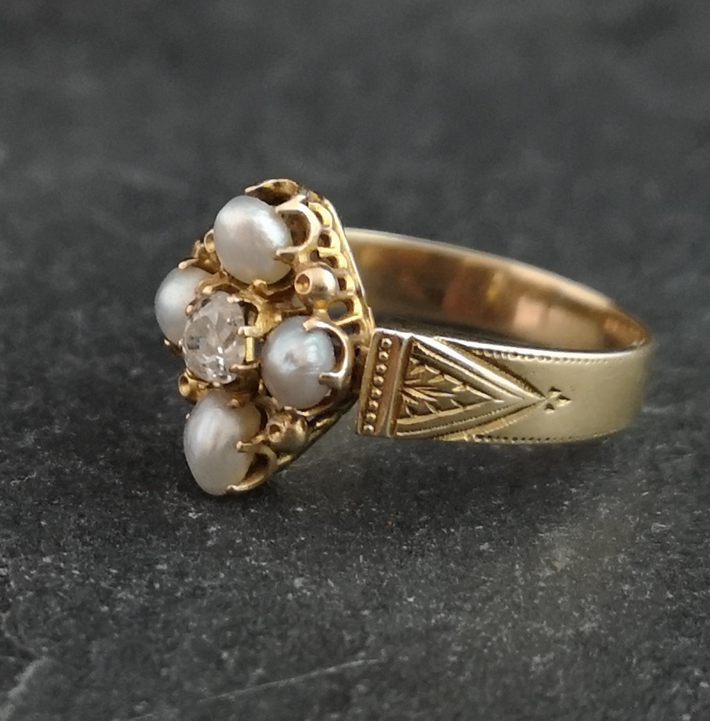 Sold on layaway - Victorian diamond and pearl navette ring, 15ct gold