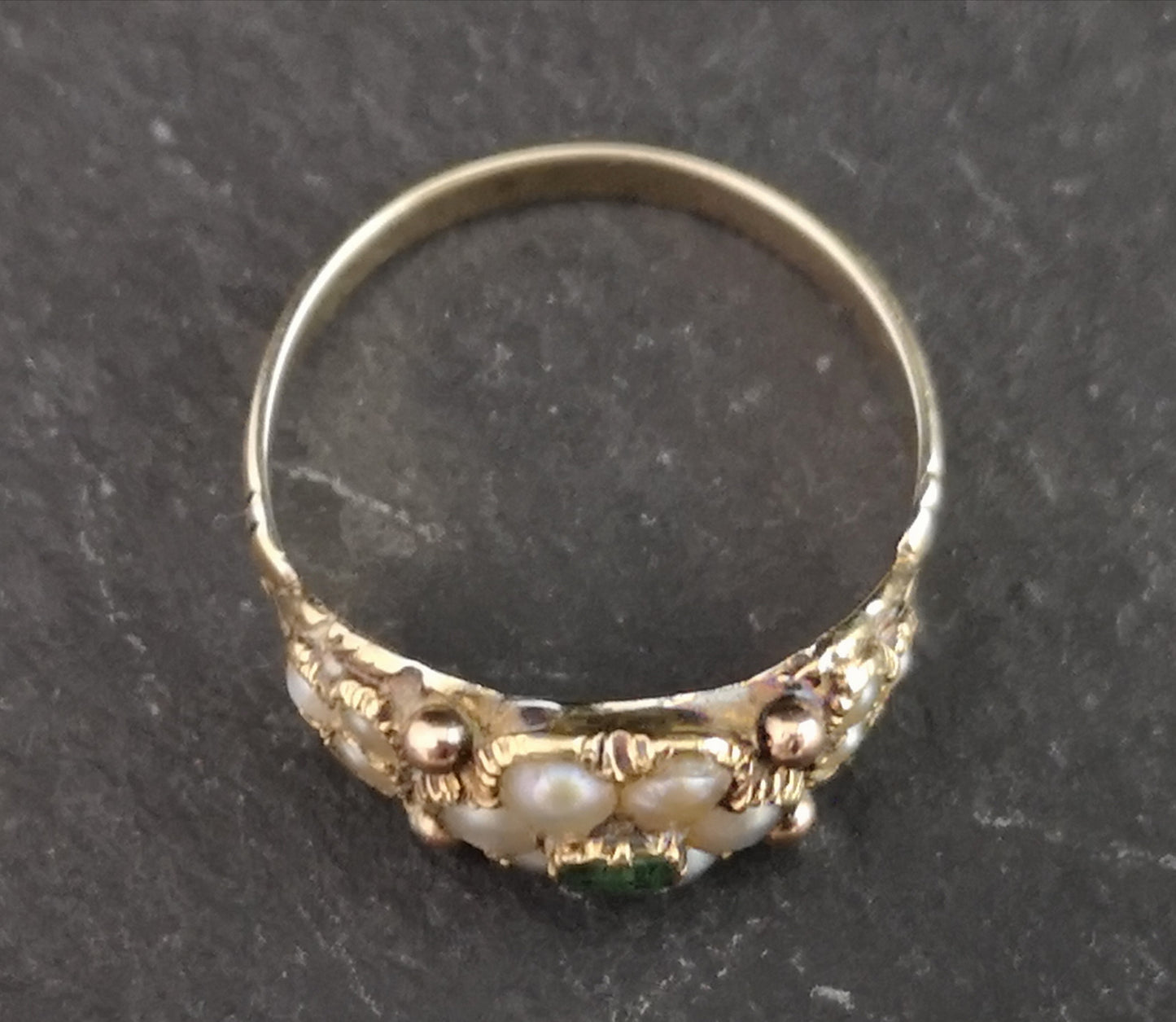 Victorian emerald and pearl forget me not ring, 15ct gold