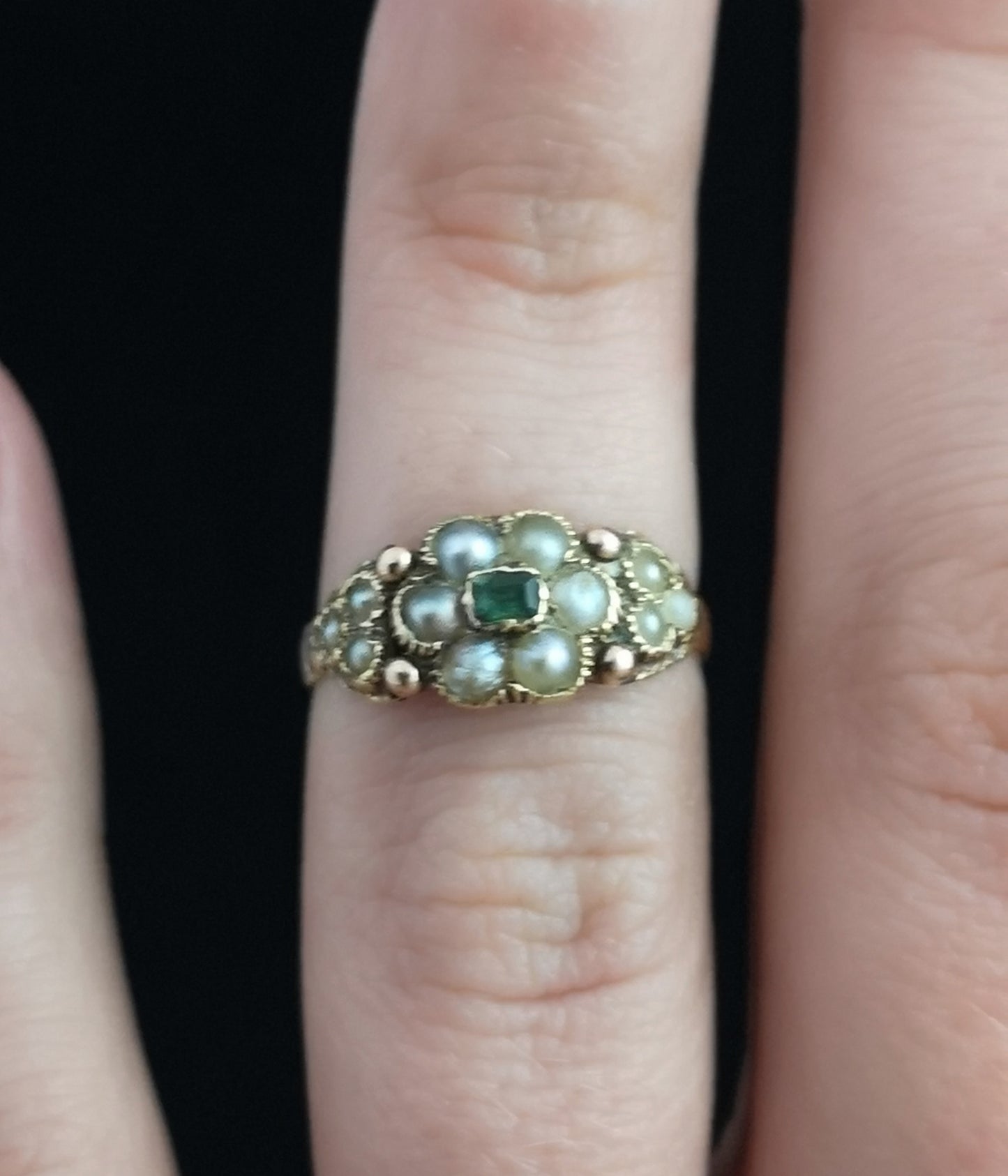 Victorian emerald and pearl forget me not ring, 15ct gold