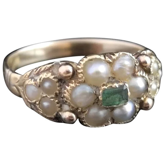 Victorian emerald and pearl forget me not ring, 15ct gold