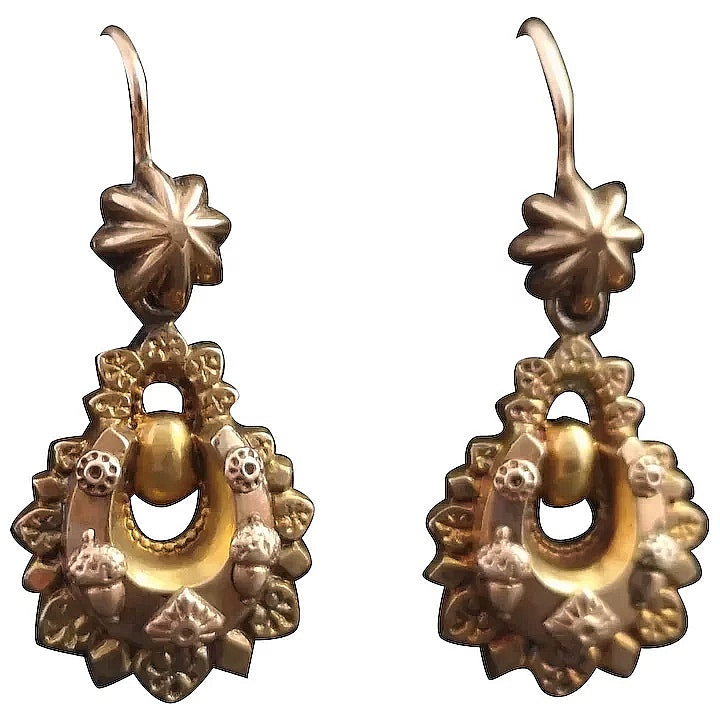 Antique Victorian 22ct gold drop earrings, horseshoe and acorn