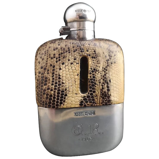 Antique silver and faux snakeskin hip flask, Victorian