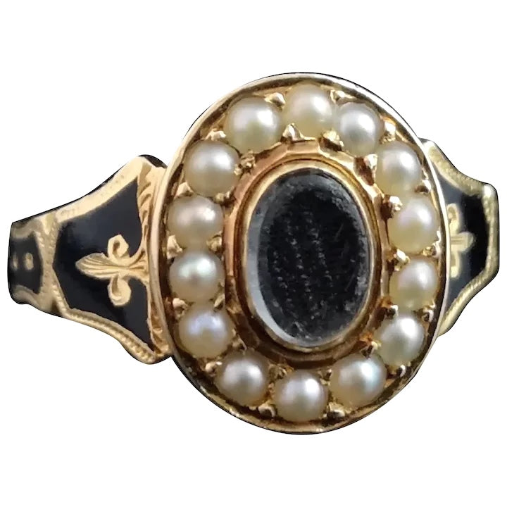 Antique mourning ring, 18ct and black enamel, pearl