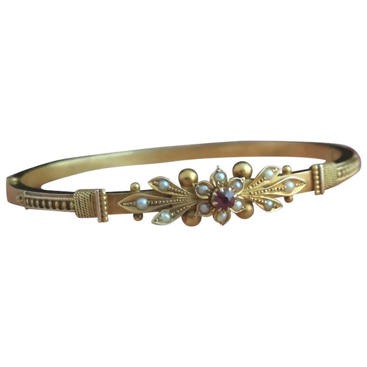 Victorian 15ct gold bangle, Pearl and Ruby