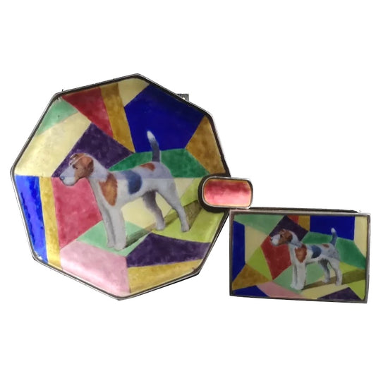 Art Deco Silver and enamel smokers set, Ashtray, Fox Terrier