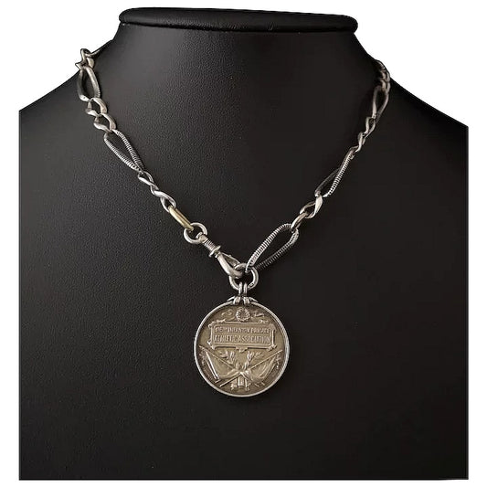 Antique silver niello Albert chain, watch chain fob