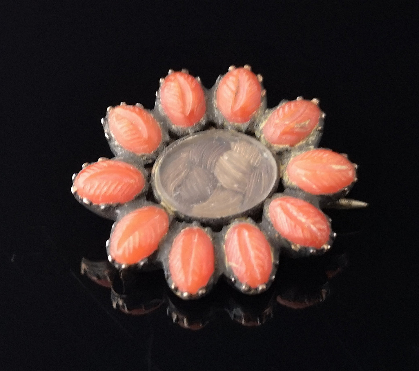 Victorian coral mourning brooch, hairwork, 9ct gold