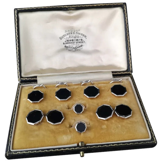 Art Deco cufflink set, Onyx, 18ct white gold, 9ct gold