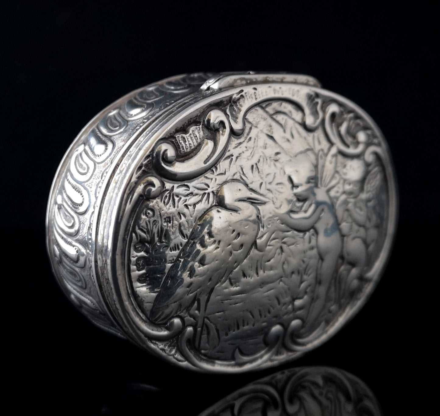 Antique Victorian silver snuff box, Stork and Fairies