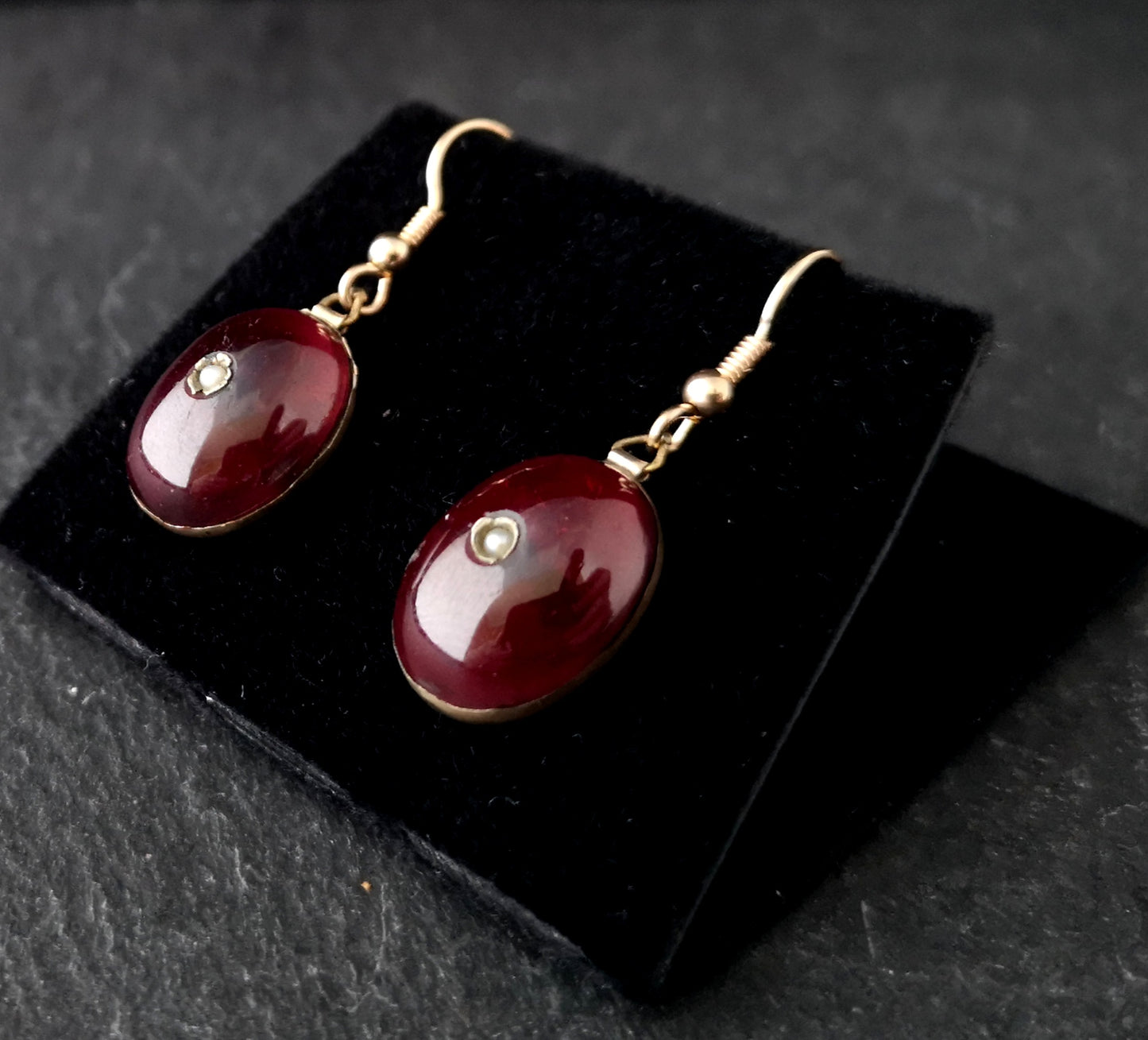 Antique Georgian Garnet cabochon earrings, 9ct gold, seed pearl