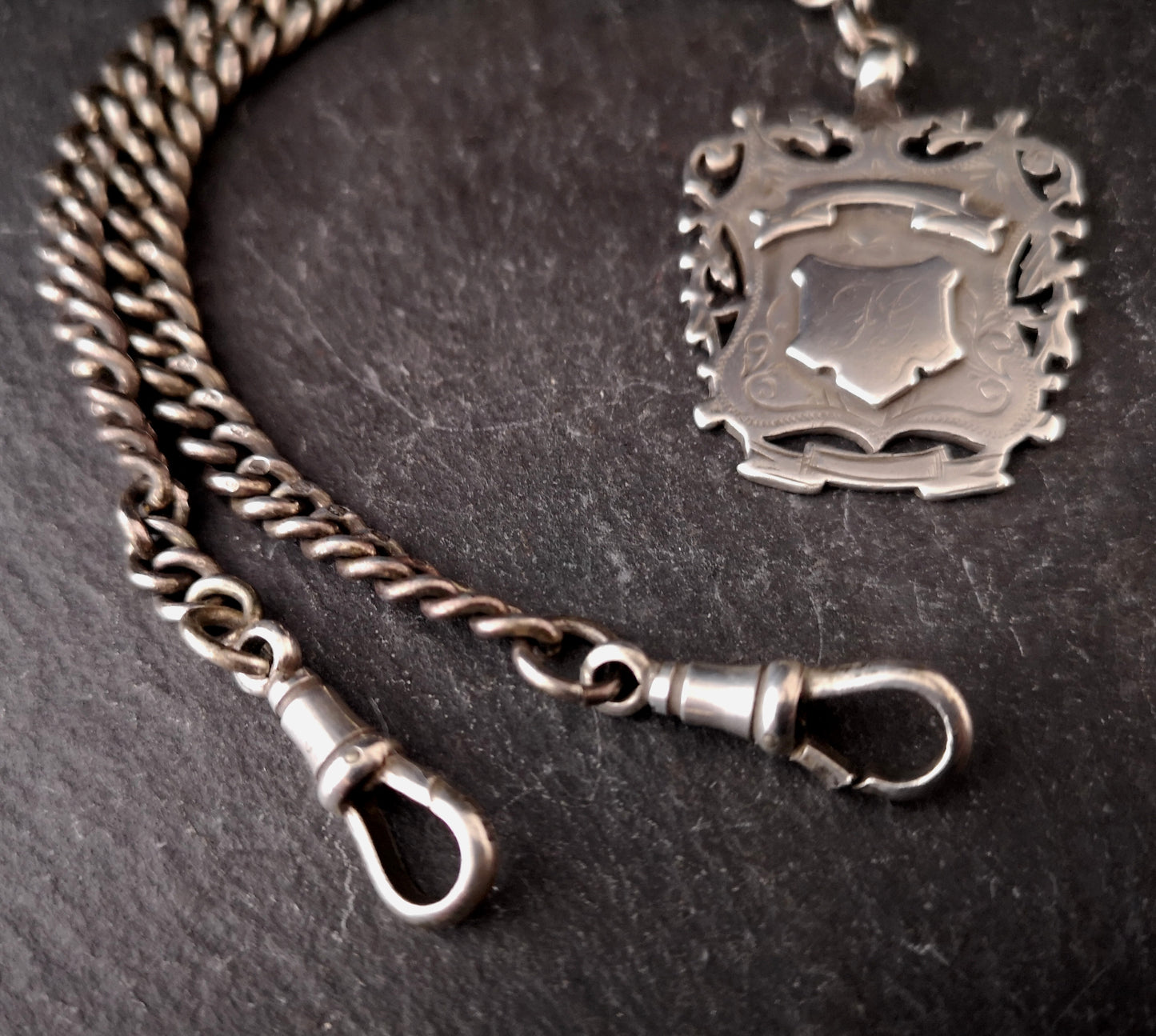 Antique silver Double Albert chain, watch chain, fob
