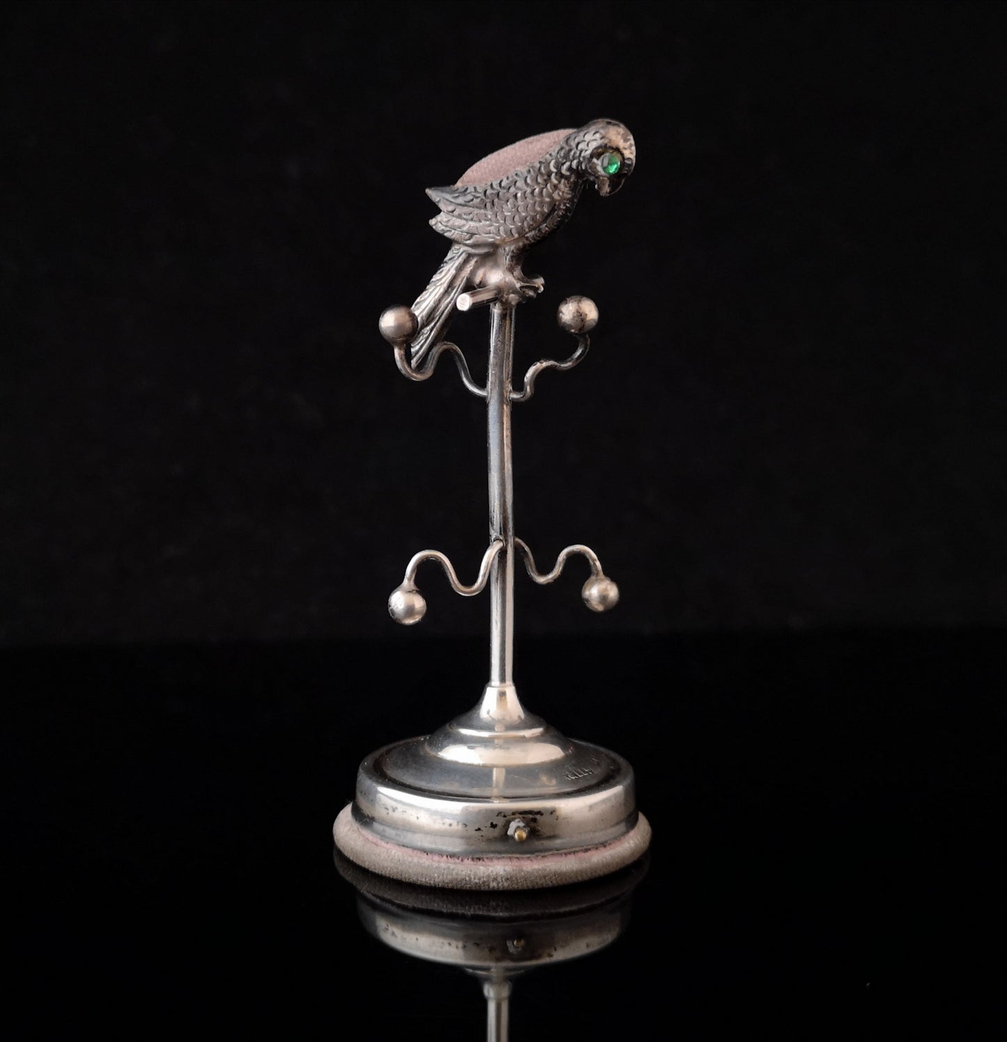 Antique silver pincushion, Parrot, Ring tree