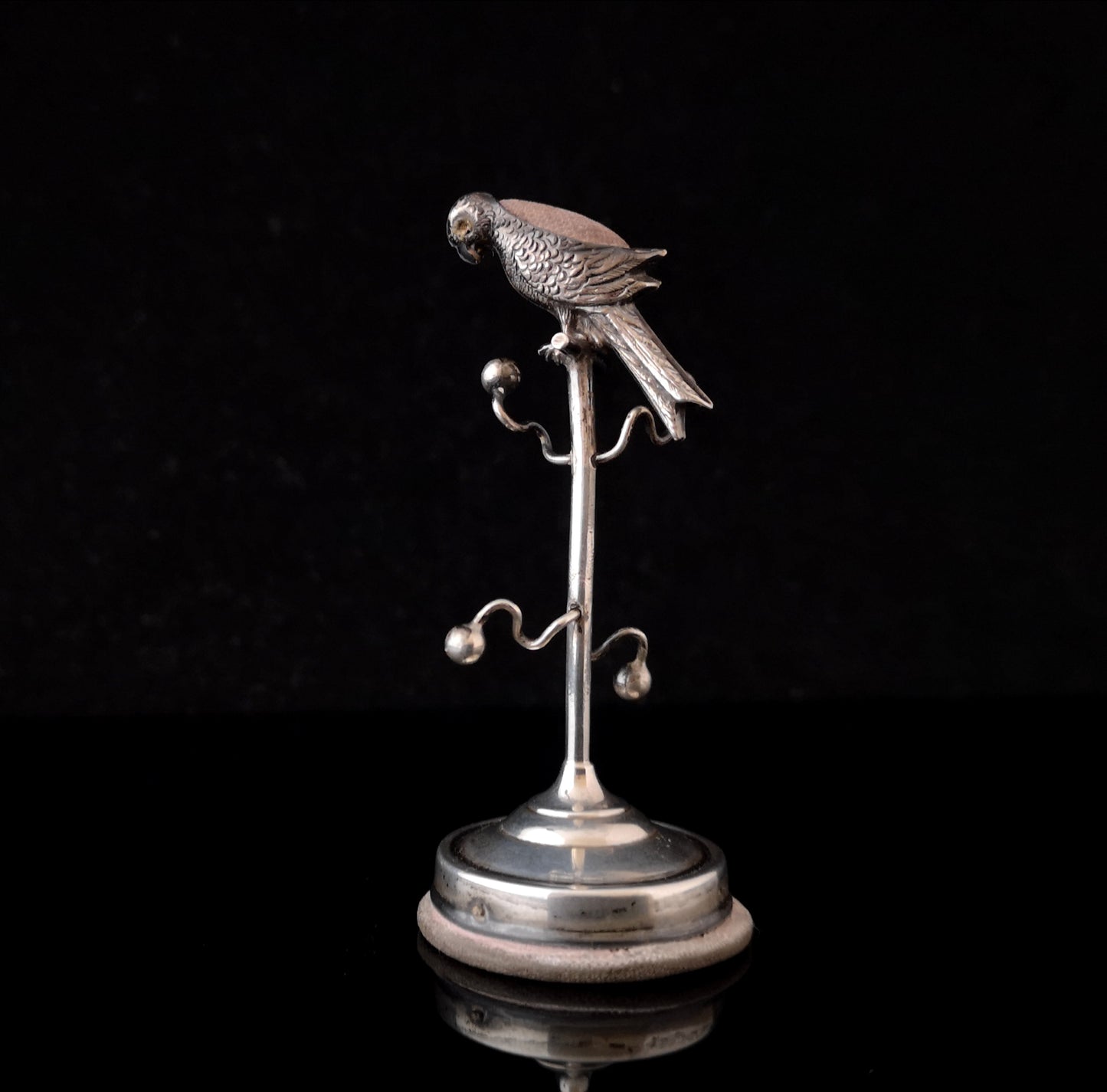 Antique silver pincushion, Parrot, Ring tree