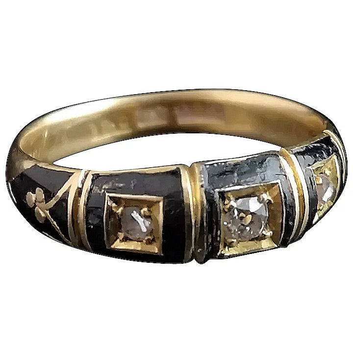Antique Victorian Diamond mourning ring, 18ct gold and black enamel