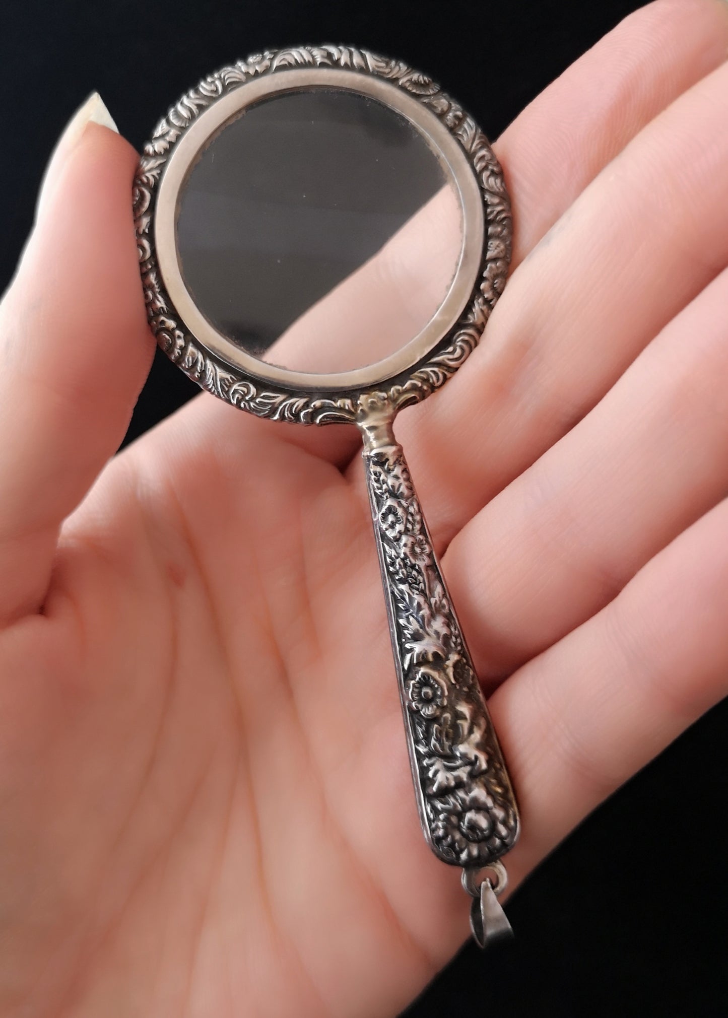 Antique silver magnifying glass pendant, Art Nouveau