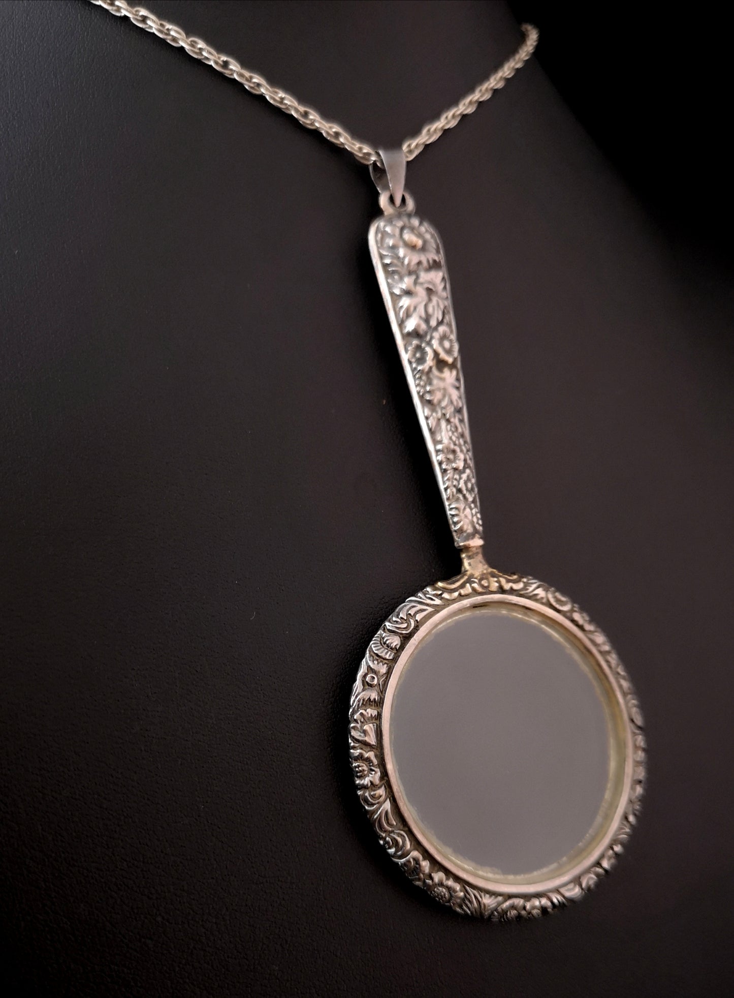 Antique silver magnifying glass pendant, Art Nouveau