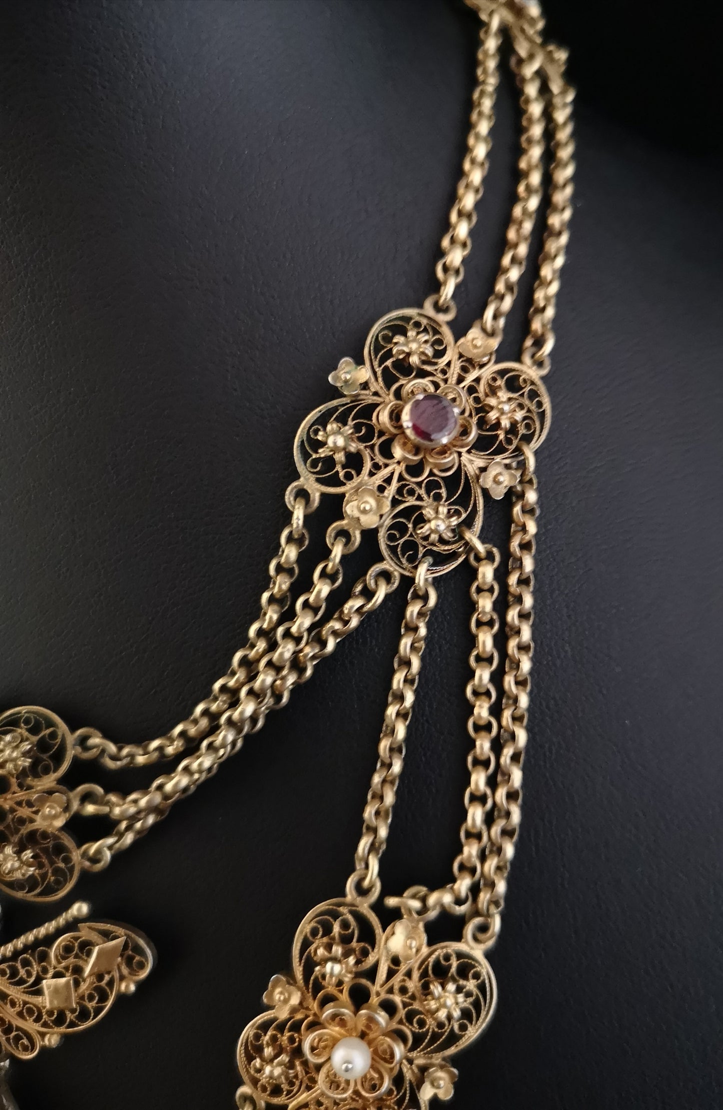 Antique French festoon necklace, garnet and pearl, silver gilt, 19th century