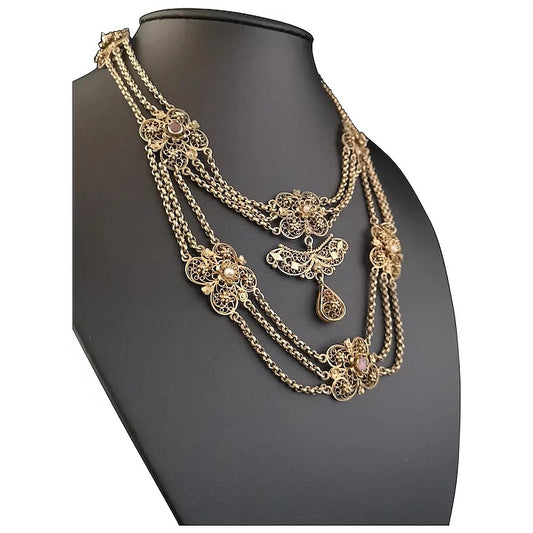 Antique French festoon necklace, garnet and pearl, silver gilt, 19th century
