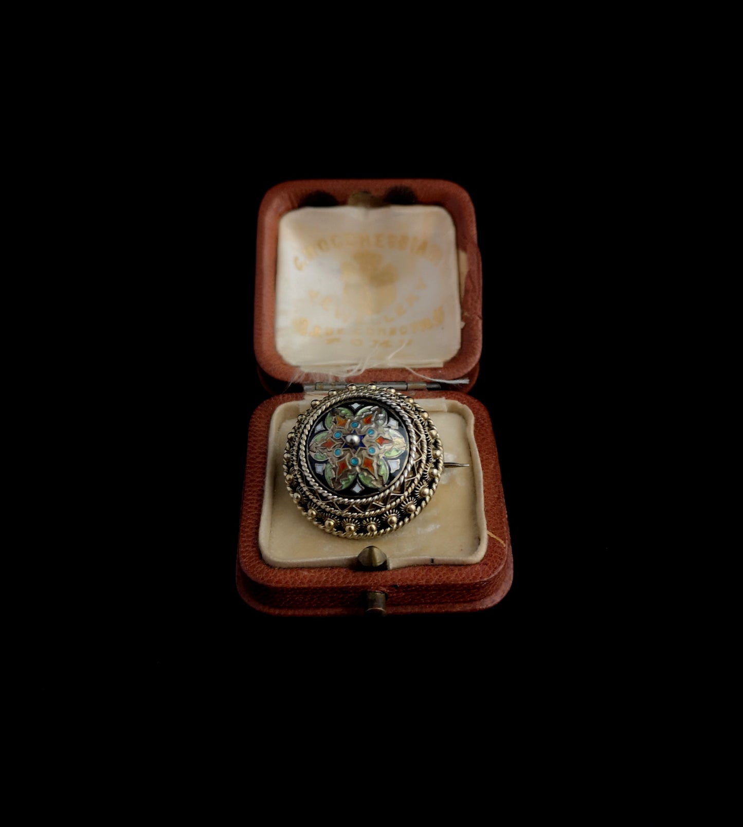 Antique Champleve enamel brooch, silver gilt