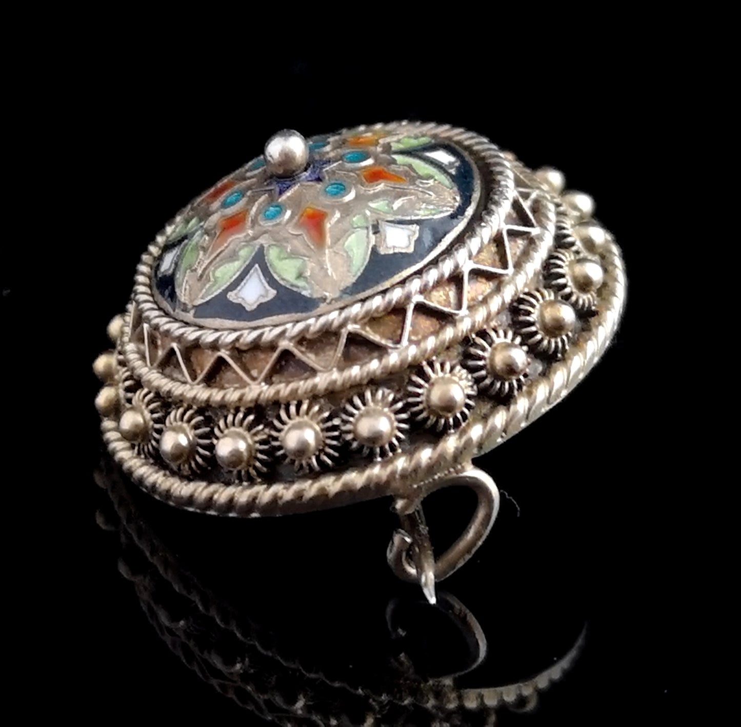 Antique Champleve enamel brooch, silver gilt