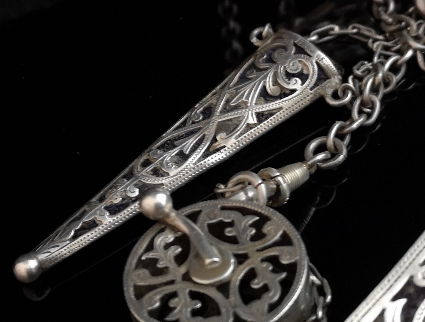 Antique Victorian silver chatelaine, sewing