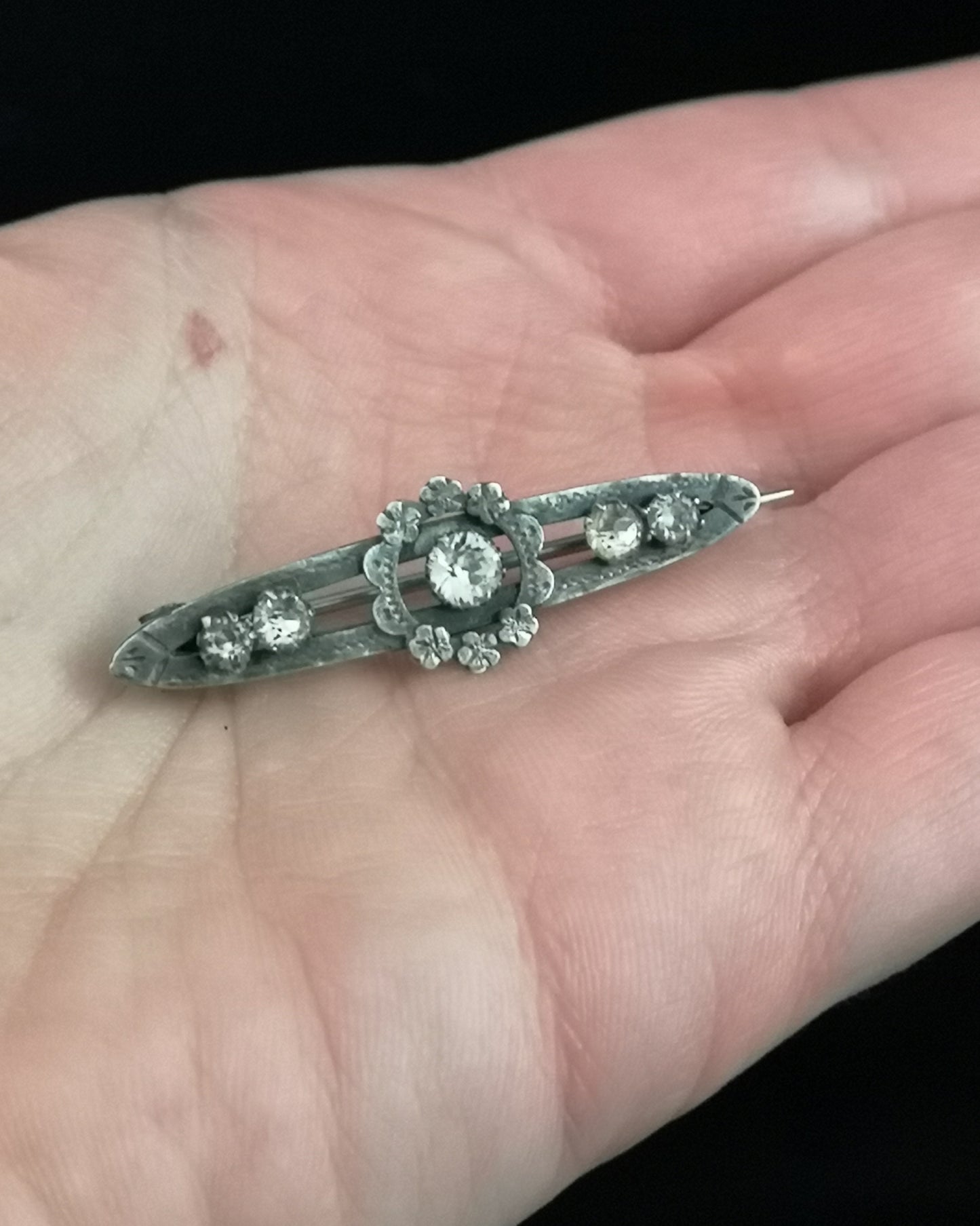 Victorian silver forget me not brooch, paste