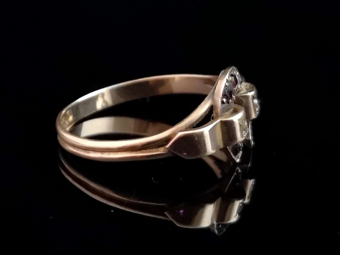 Antique Victorian garnet horseshoe ring, 9ct Rose gold, seed pearl