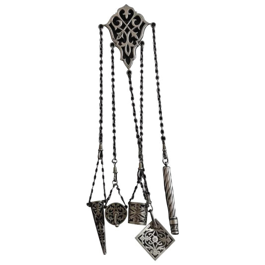 Antique Victorian silver chatelaine, sewing