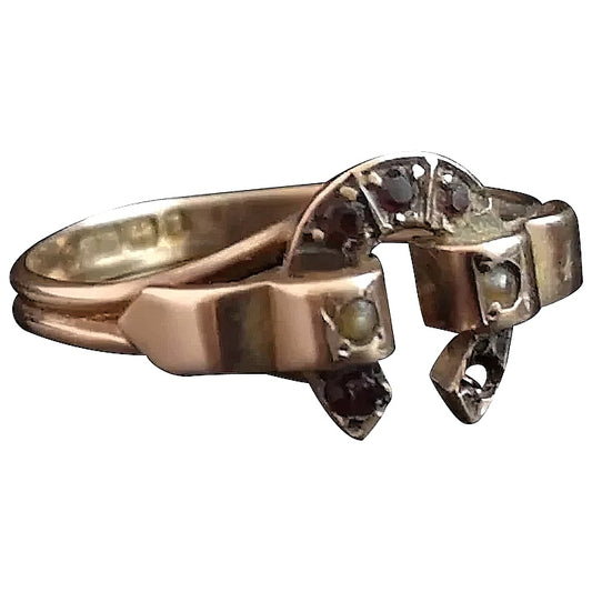 Antique Victorian garnet horseshoe ring, 9ct Rose gold, seed pearl