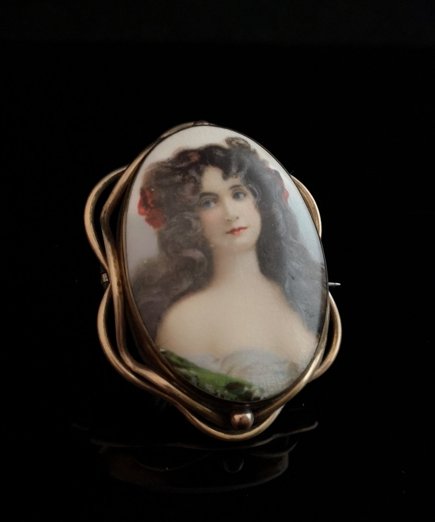 Antique Victorian portrait brooch, hand painted porcelain