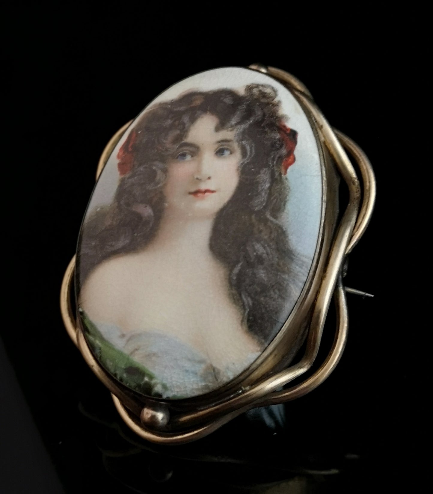 Antique Victorian portrait brooch, hand painted porcelain