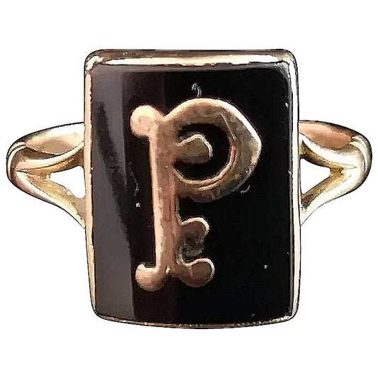 Antique mourning ring, 9ct Rose gold, Onyx, P initial