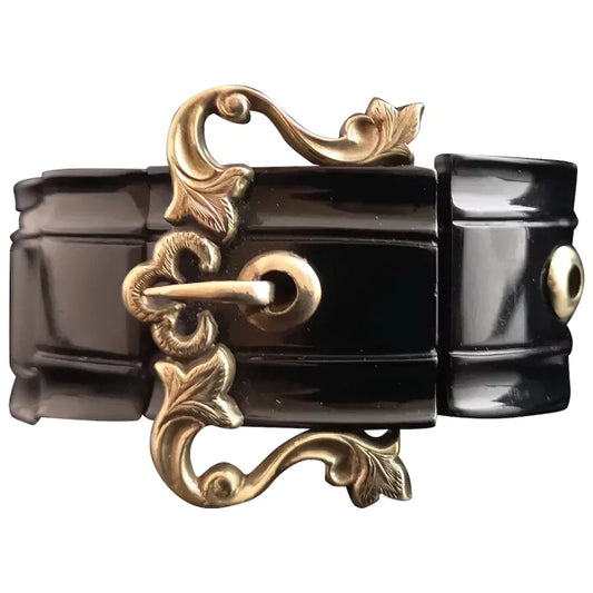 Antique Victorian whitby jet buckle bracelet, gold buckle