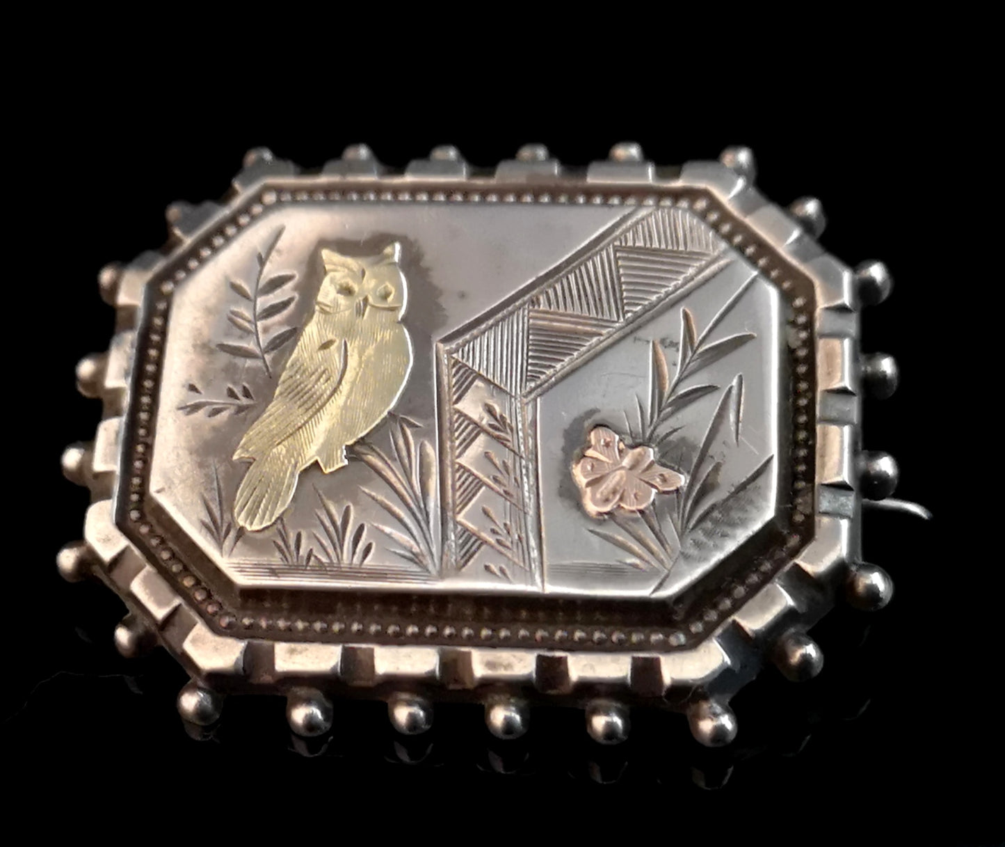 Victorian aesthetic silver brooch, gold owl and butterfly