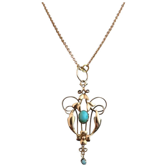 Art Nouveau turquoise lavalier pendant, 9ct gold necklace