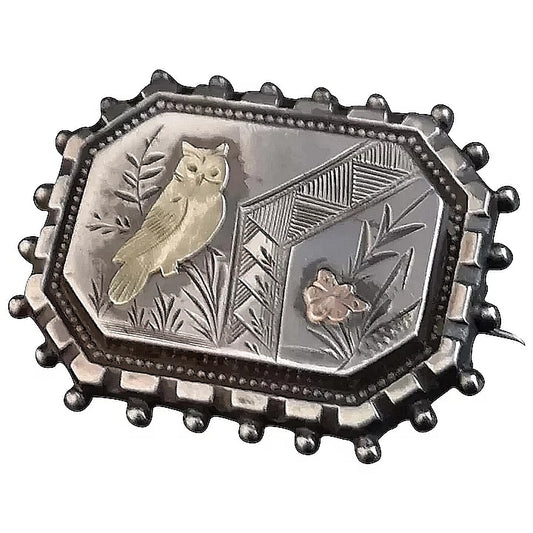 Victorian aesthetic silver brooch, gold owl and butterfly