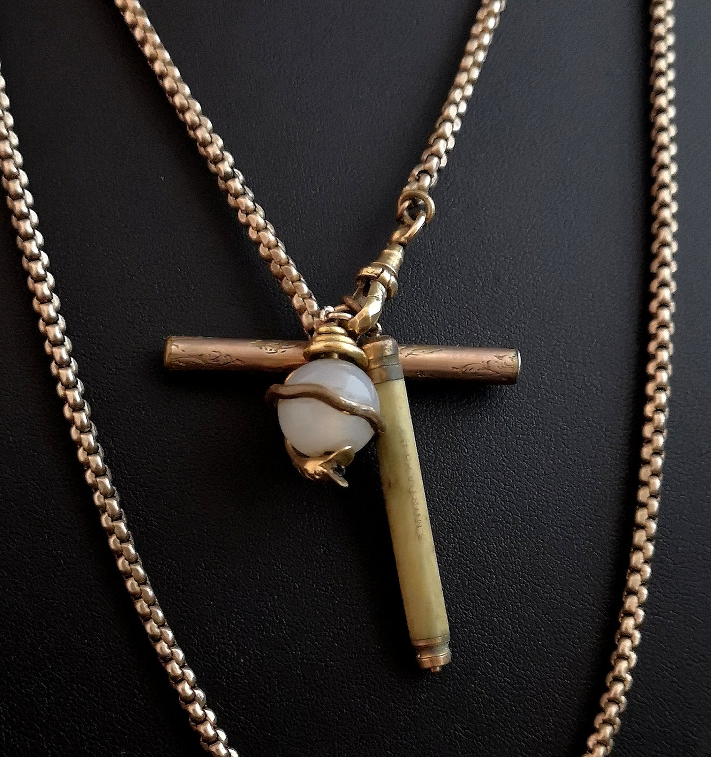 Antique longuard chain, snake pendant, necklace